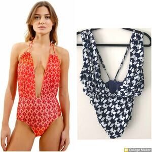 Women’s Red Printed Deep V One-Piece Swimsuit